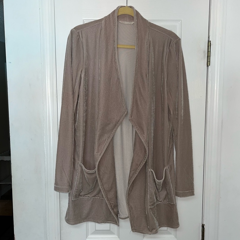 Soft Surroundings Tan Crushed Velvet Waterfall Cardigan Topper Jacket